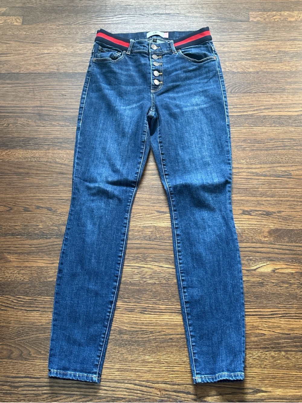 CAbi Dark Blue Skinny Jeans with Red-Trim Waistband